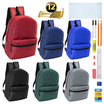 12 Wholesale 18.5" Backpacks in Assorted Colors & 12 Bulk School Supply Kits