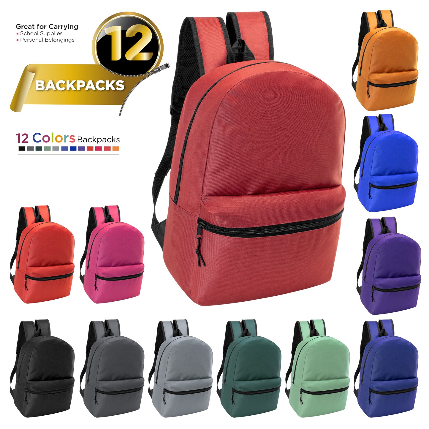 12 Wholesale Blank 18.5" Backpacks in 12 Assorted Colors and 12 Bulk School Supply Kits