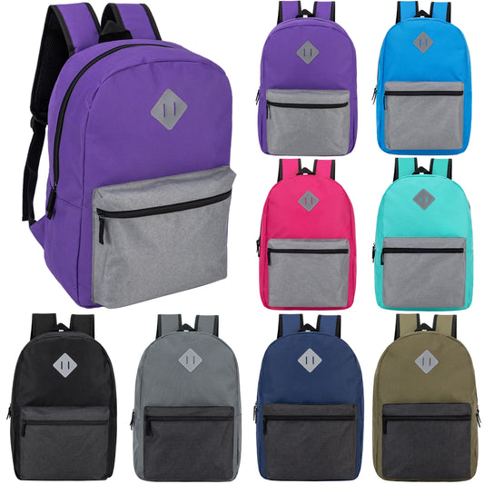 17" Wholesale Two Tone Backpack with a Diamond Patch in 8 Colors - Bulk Case of 24 Bookbags