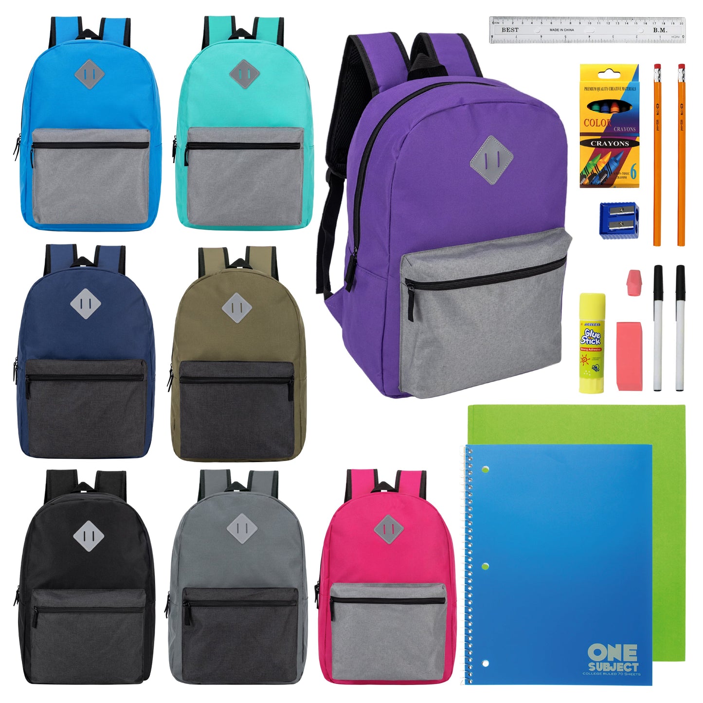 12 Wholesale 17" Diamond Patch Backpacks in 8 Colors & 12 Bulk School Supply Kits of Your Choice