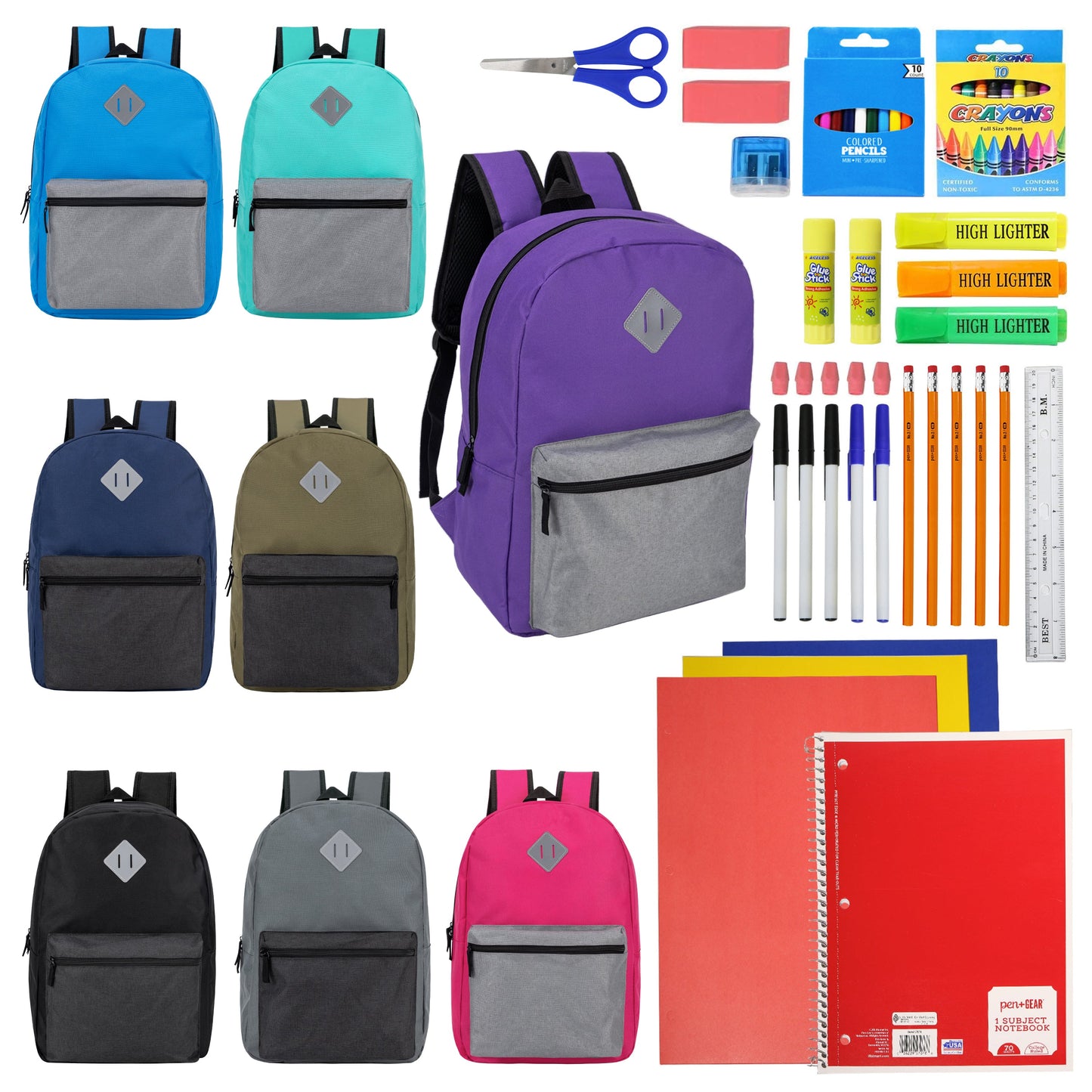 12 Wholesale 17" Diamond Patch Backpacks in 8 Colors & 12 Bulk School Supply Kits of Your Choice