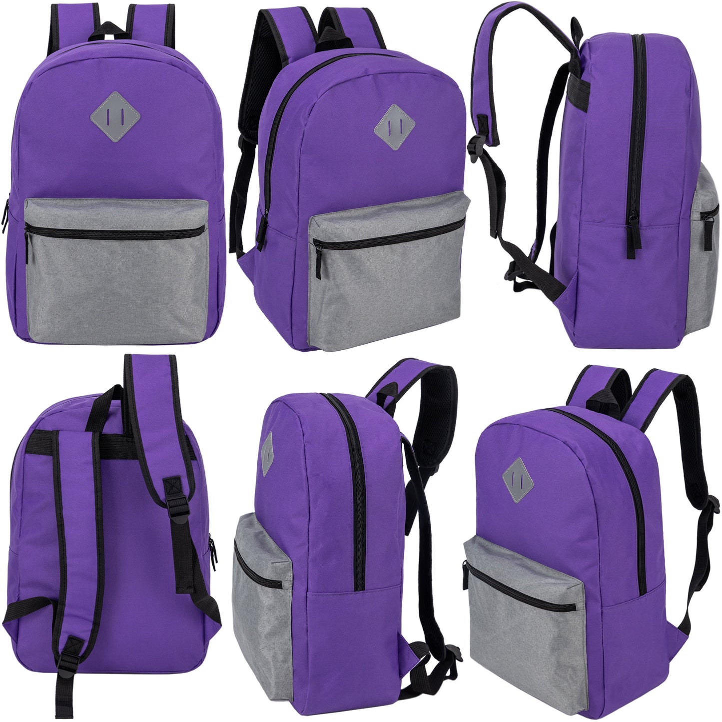 12 Wholesale 17" Diamond Patch Backpacks in 8 Colors & 12 Bulk School Supply Kits of Your Choice