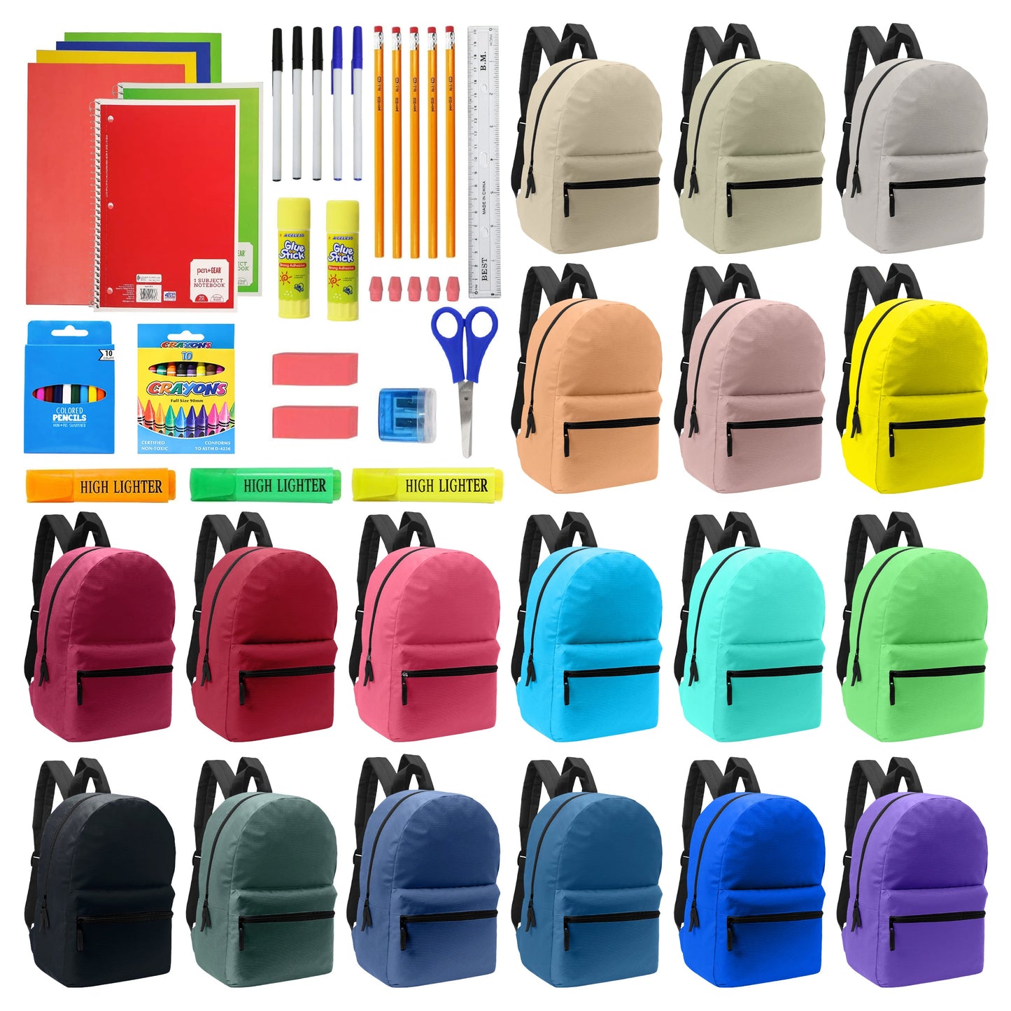 Wholesale 17" Backpacks and 12 Bulk School Supply Kits