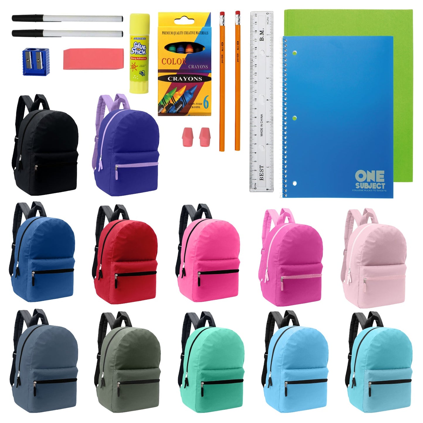 Wholesale Blank Student 17" Backpacks in Assorted Colors and 12 Bulk School Supply Kits