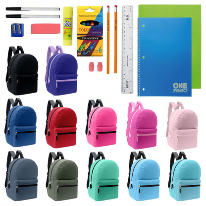 Wholesale Blank Student 17" Backpacks in Assorted Colors and 12 Bulk School Supply Kits