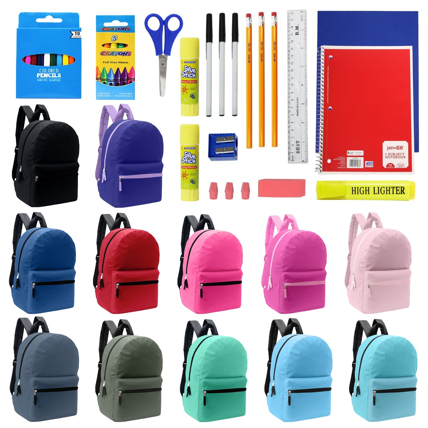 Wholesale Blank Student 17" Backpacks in Assorted Colors and 12 Bulk School Supply Kits