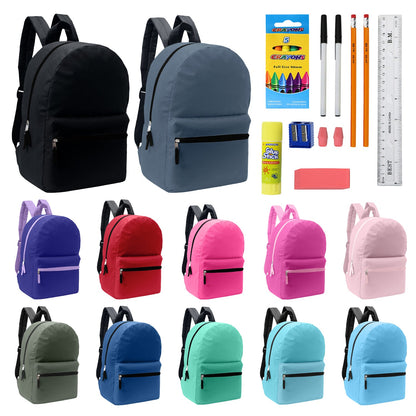 Wholesale Blank Student 17" Backpacks in Assorted Colors and 12 Bulk School Supply Kits