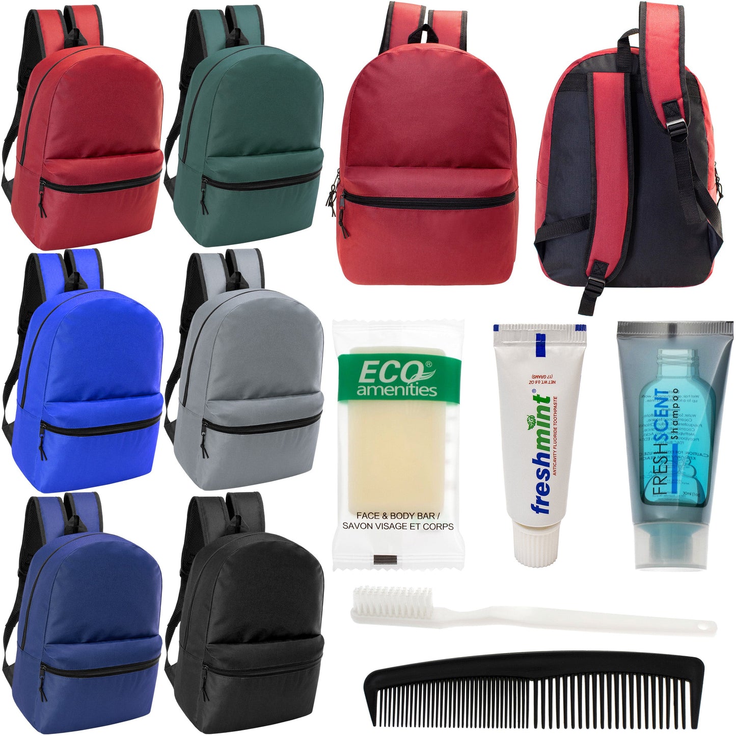 12 17" Classic Backpacks in 6 Assorted Colors & Your Choice of 12 Bulk Hygiene Kits - Wholesale Care Package: Homeless, Emergency, Charity