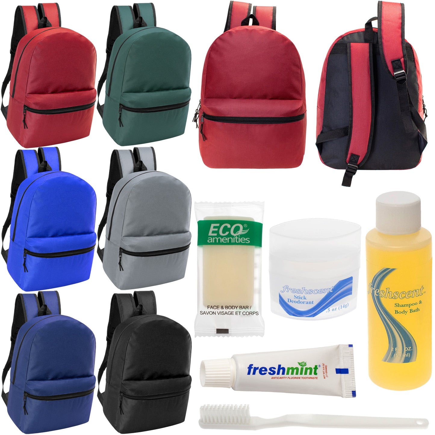 12 17" Classic Backpacks in 6 Assorted Colors & Your Choice of 12 Bulk Hygiene Kits - Wholesale Care Package: Homeless, Emergency, Charity