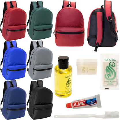 12 17" Classic Backpacks in 6 Assorted Colors & Your Choice of 12 Bulk Hygiene Kits - Wholesale Care Package: Homeless, Emergency, Charity