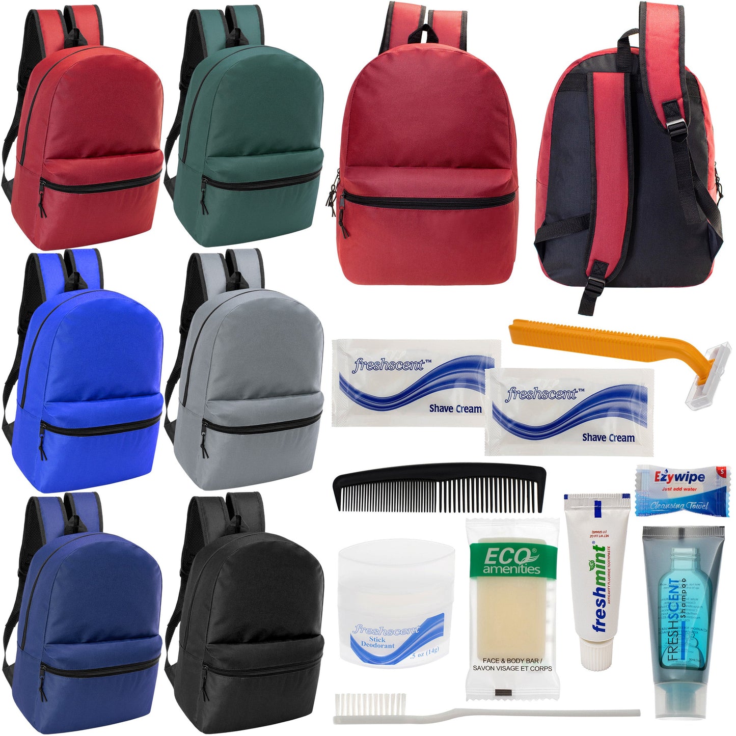 12 17" Classic Backpacks in 6 Assorted Colors & Your Choice of 12 Bulk Hygiene Kits - Wholesale Care Package: Homeless, Emergency, Charity