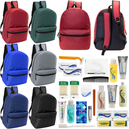 12 17" Classic Backpacks in 6 Assorted Colors & Your Choice of 12 Bulk Hygiene Kits - Wholesale Care Package: Homeless, Emergency, Charity