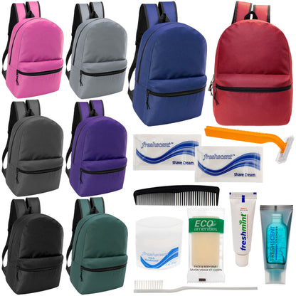 12 17" Classic Backpacks in 8 Assorted Colors & Your Choice of 12 Bulk Hygiene Kits - Wholesale Care Package: Homeless, Emergency, Charity