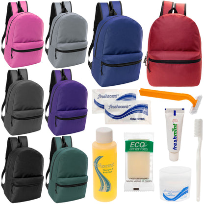 12 17" Classic Backpacks in 8 Assorted Colors & Your Choice of 12 Bulk Hygiene Kits - Wholesale Care Package: Homeless, Emergency, Charity