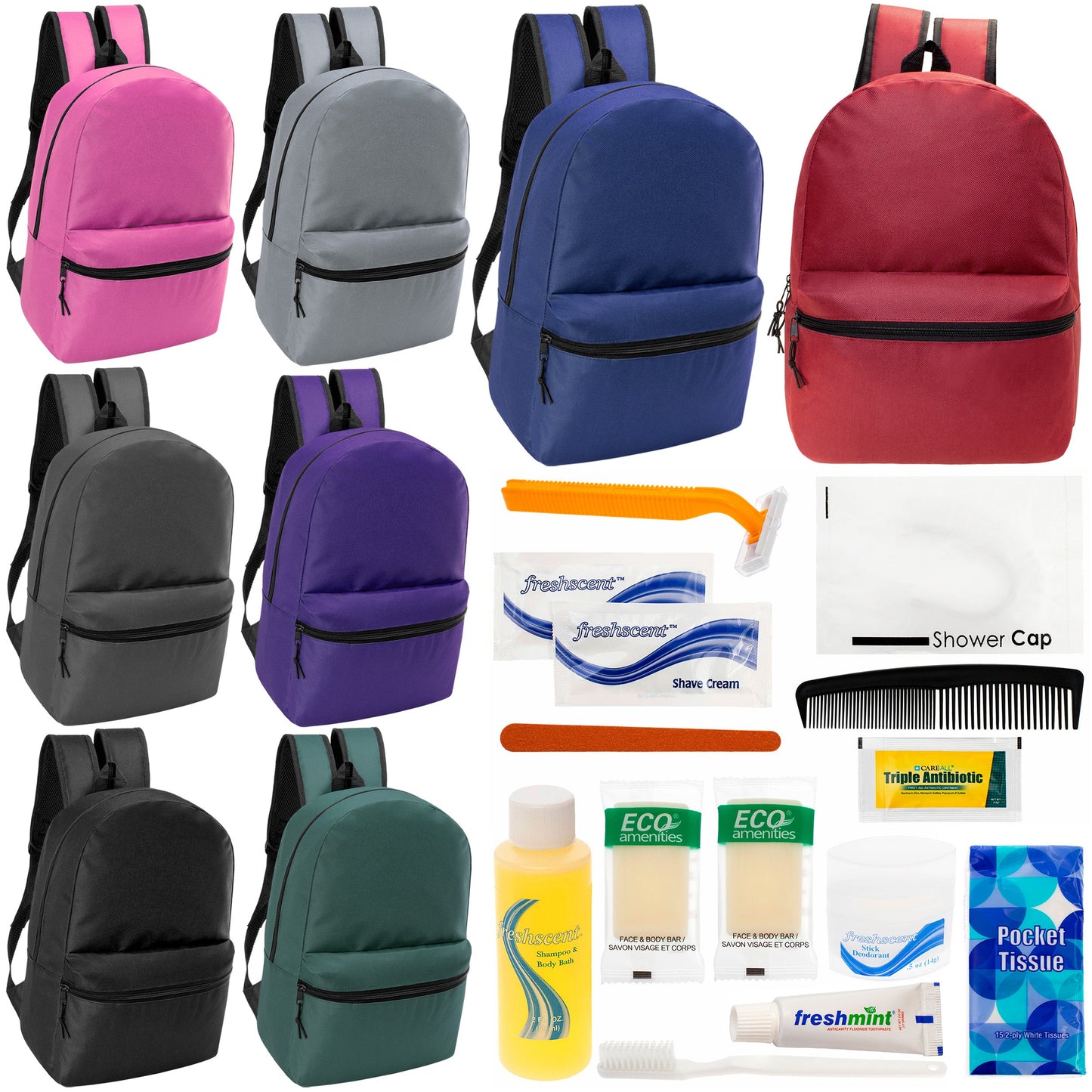 12 17" Classic Backpacks in 8 Assorted Colors & Your Choice of 12 Bulk Hygiene Kits - Wholesale Care Package: Homeless, Emergency, Charity