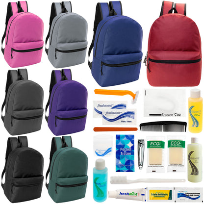 12 17" Classic Backpacks in 8 Assorted Colors & Your Choice of 12 Bulk Hygiene Kits - Wholesale Care Package: Homeless, Emergency, Charity