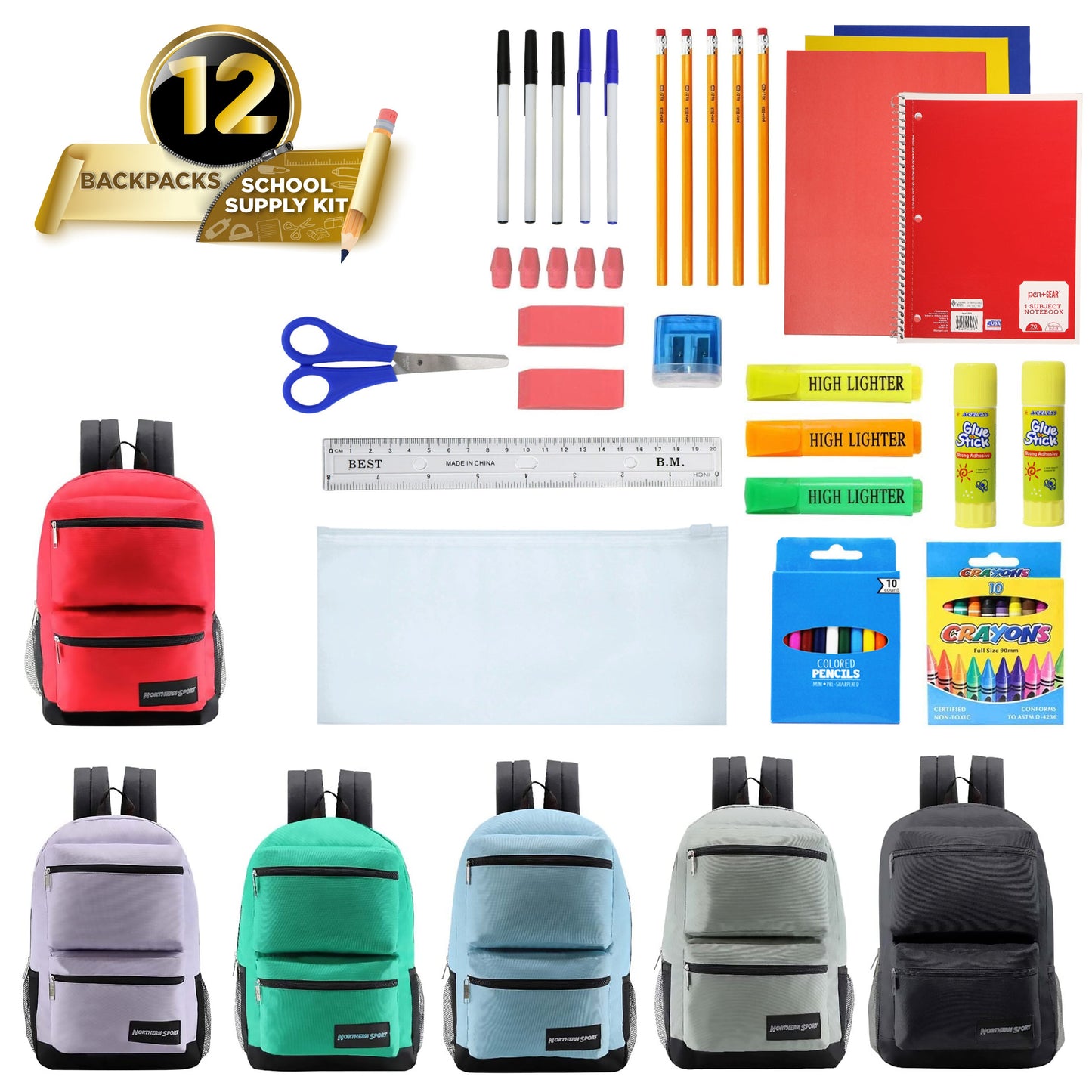 12 Wholesale Deluxe 17" 3 Compartment Backpacks and 12 Bulk School Supply Kits of Your Choice