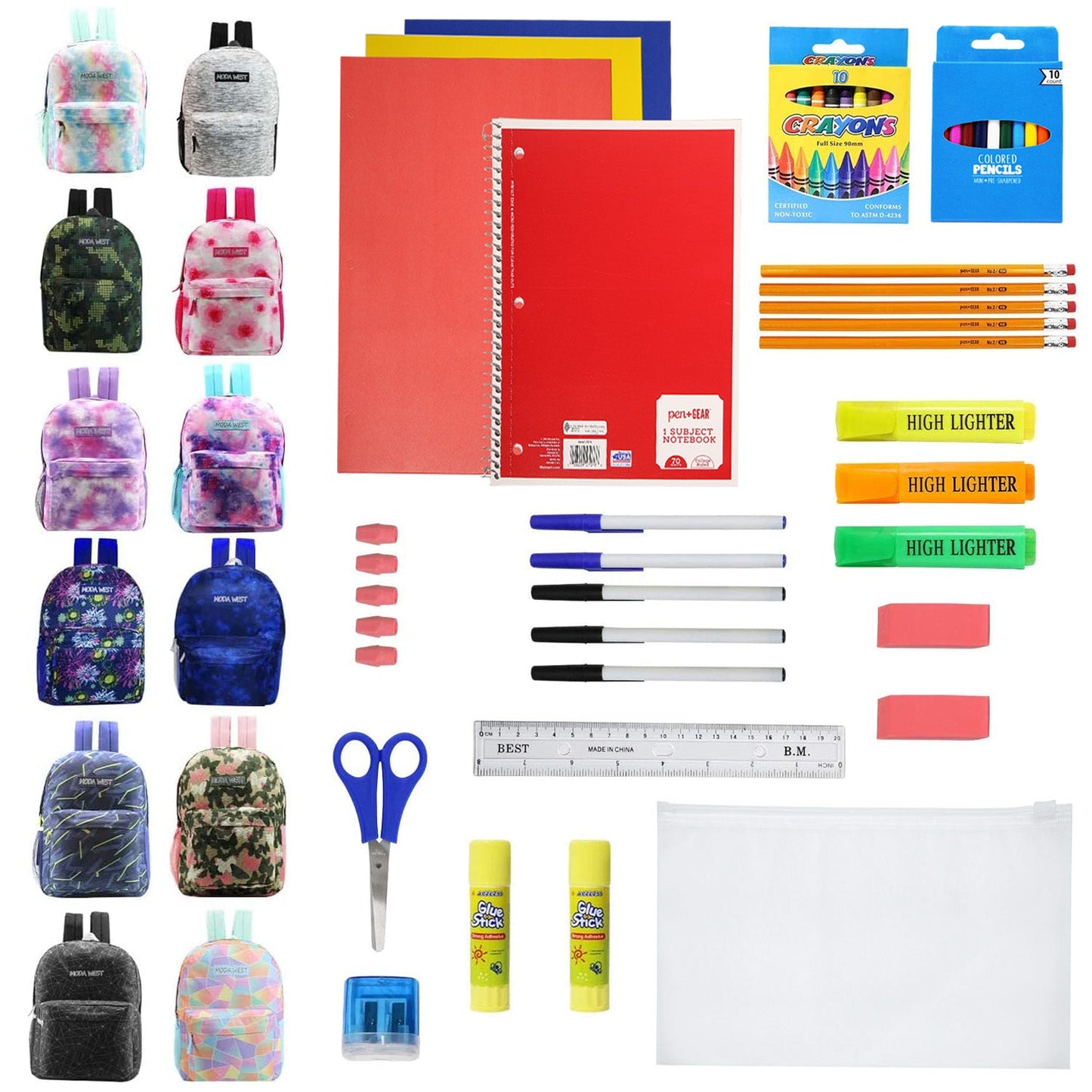 Wholesale Backpacks for Students and 12 Bulk School Supply Kits