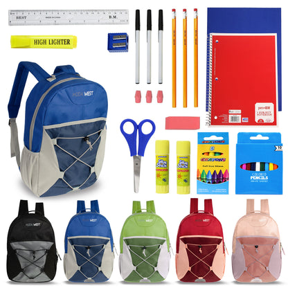 12 Wholesale 17" Bungee Backpacks in Assorted Colors & 12 Bulk School Supply Kits of Your Choice