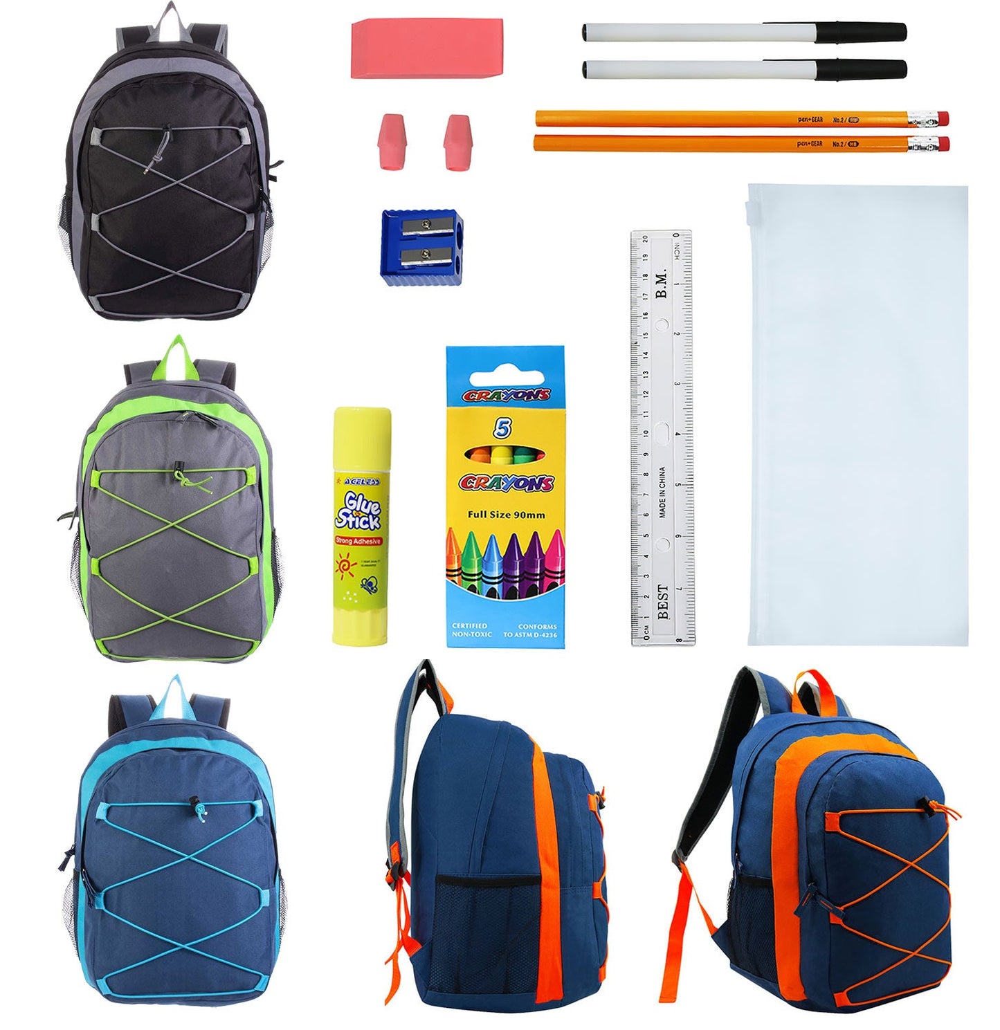 12 Wholesale 17" Bungee Backpacks in 4 Colors and 12 Bulk School Supply Kits of Your Choice