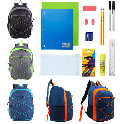 12 Wholesale 17" Bungee Backpacks in 4 Colors and 12 Bulk School Supply Kits of Your Choice