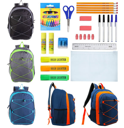 12 Wholesale 17" Bungee Backpacks in 4 Colors and 12 Bulk School Supply Kits of Your Choice