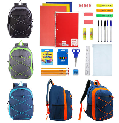 12 Wholesale 17" Bungee Backpacks in 4 Colors and 12 Bulk School Supply Kits of Your Choice