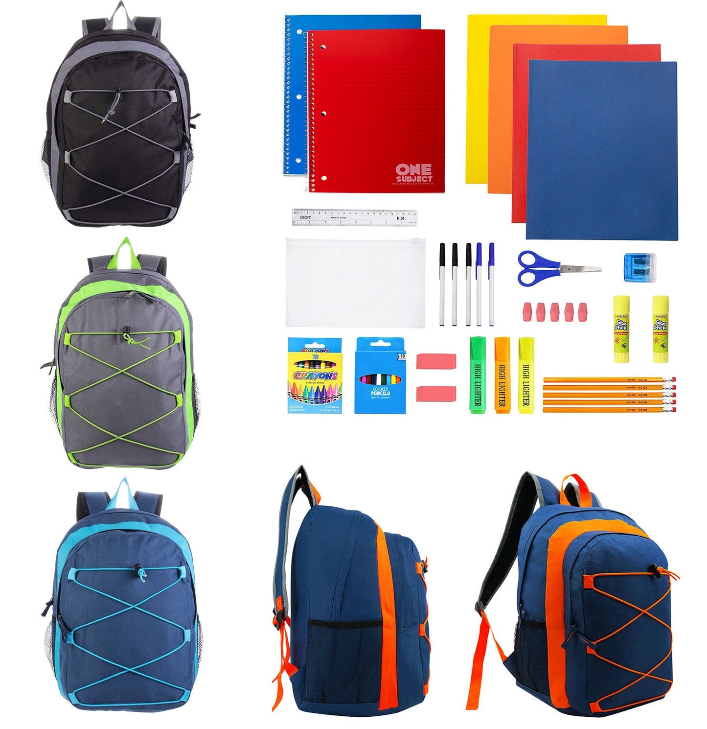 12 Wholesale 17" Bungee Backpacks in 4 Colors and 12 Bulk School Supply Kits of Your Choice