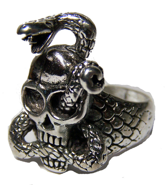 Snake Through Skull Head Biker Ring - Sterling Silver Plated, Durable USA-Made