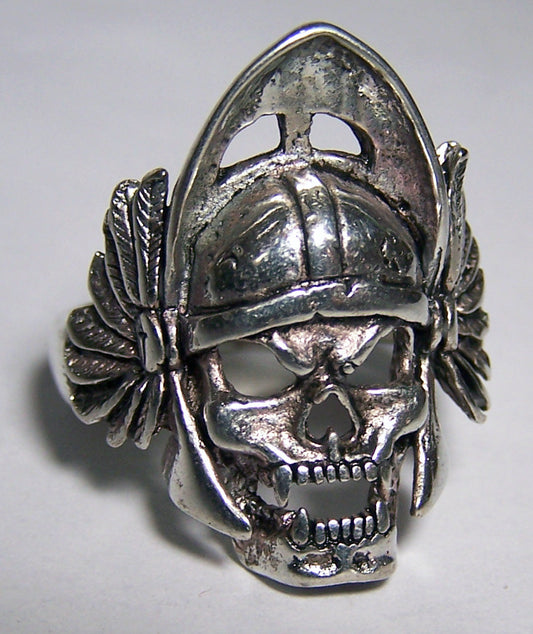 Warrior Skull with Helmet Biker Ring - Sterling Silver Plated, Durable USA-Made