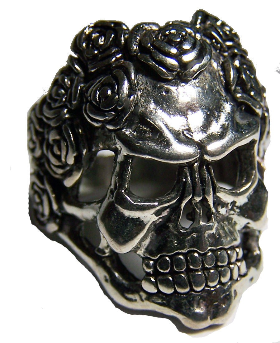 Skull with Rose Hair Biker Ring - Sterling Silver Plated