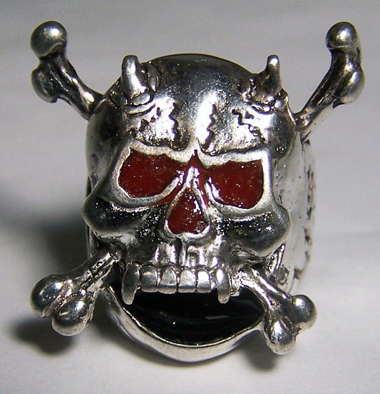 Red Eyes Skull with Crossed Bones Biker Ring – Sterling Silver Plated