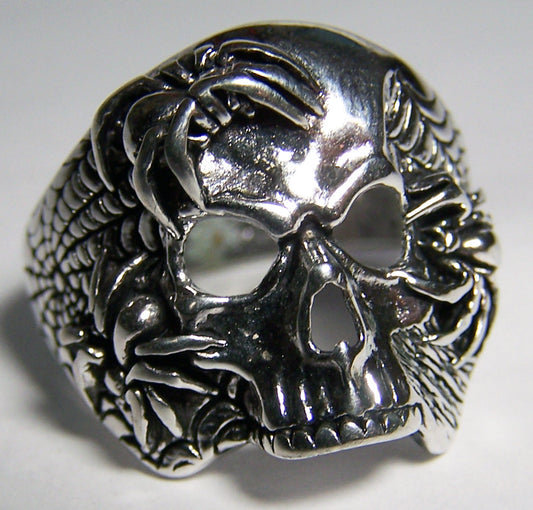 Skull with Spiders & Webs Deluxe Biker Ring - Sterling Silver Plated