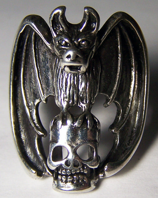 Winged Bat Holding Skull Head Biker Ring - Sterling Silver Plated, Durable USA-Made