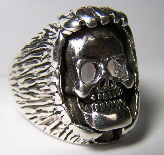 Hand Over Smiling Skull Head Biker Ring - Sterling Silver Plated, Durable USA-Made