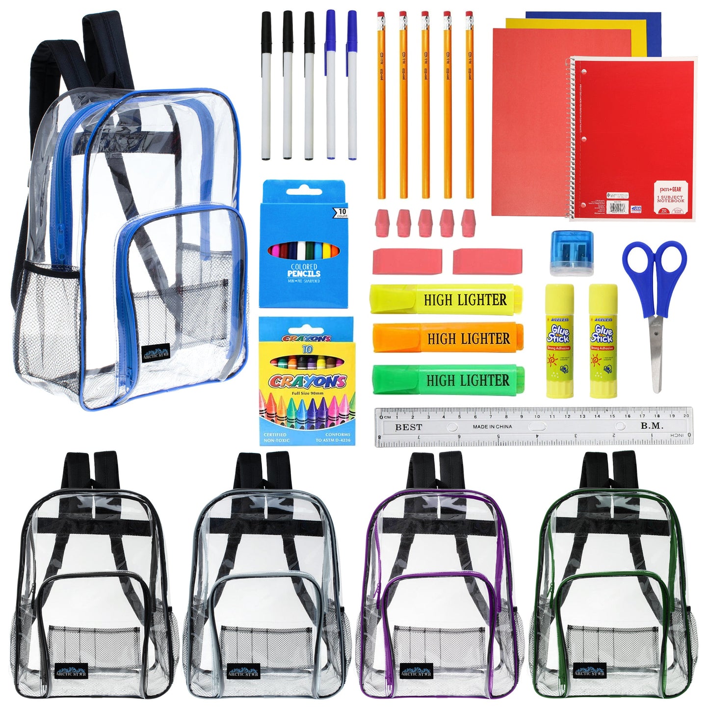 12 Wholesale 13" Clear Backpacks in Assorted Colors and 12 Bulk School Supply Kits of Your Choice