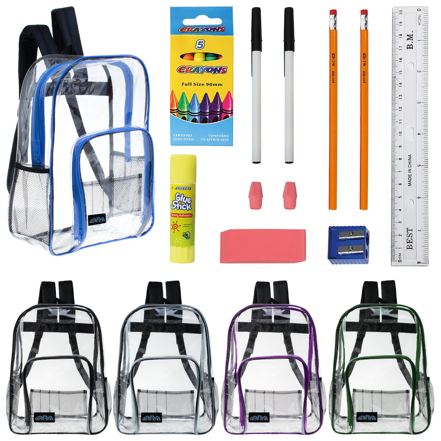 12 Wholesale 13" Clear Backpacks in Assorted Colors and 12 Bulk School Supply Kits of Your Choice