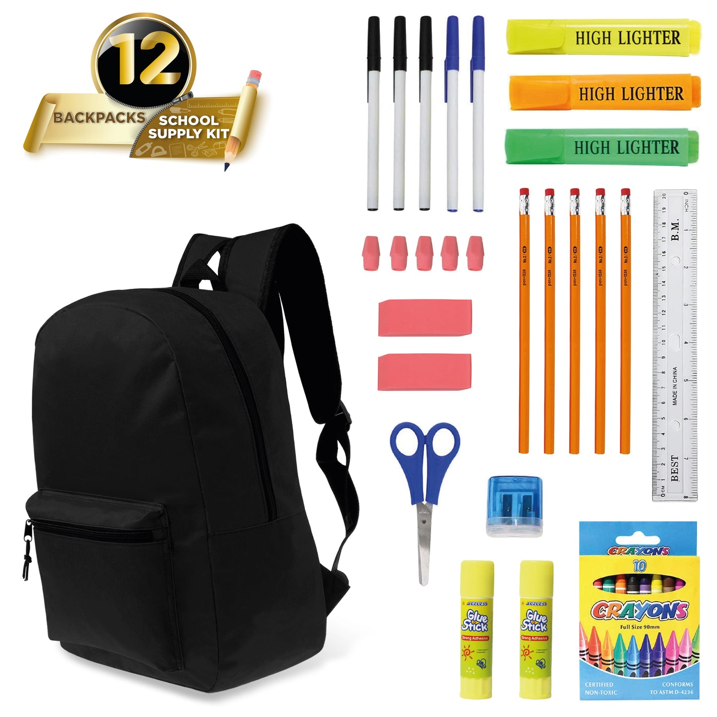 12 Wholesale 15" Classic Backpacks in Black & 12 Bulk School Supply Kits of Your Choice