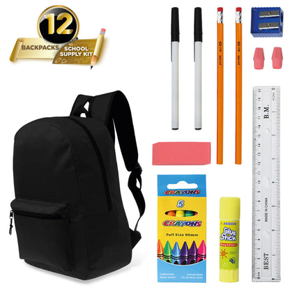 12 Black 17" Basic Kids Wholesale Backpacks and 12 Bulk School Supply Kits of Your Choice