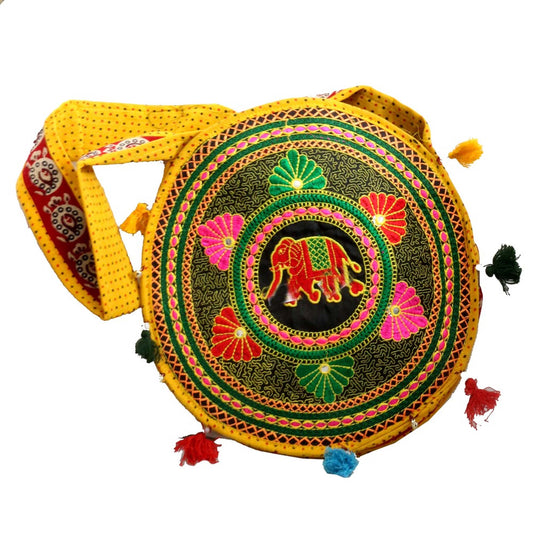 Yellow Bag with Floral Print and Elephant Design – Stylish & Vibrant