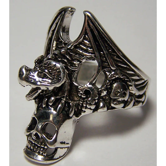 Dragon Holding Skull Head Deluxe Biker Ring - Wholesale