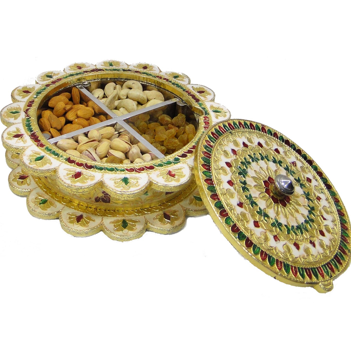 Dry Fruit Gift Box with Wooden Base & Meenakari Brass