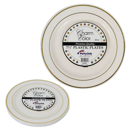 Ivory Plastic Plates with Gold Band 7.5" (10 PACK)