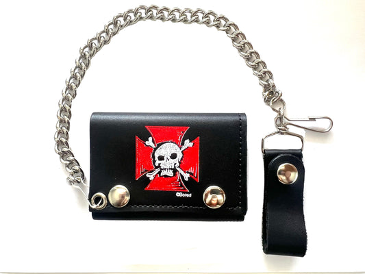 Red Cross Skull X Bones Trifold Leather Wallet with Chain - NoveltiesMart.com Wholesale