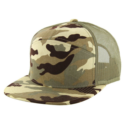 Kamel 707 Washed Camo 7 Panel Flat Adjustable Snapback Mesh Trucker Cap