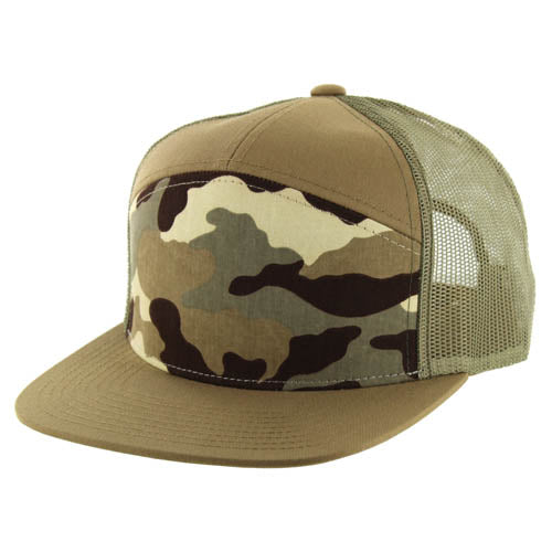 Kamel 707 Washed Camo 7 Panel Flat Adjustable Snapback Mesh Trucker Cap