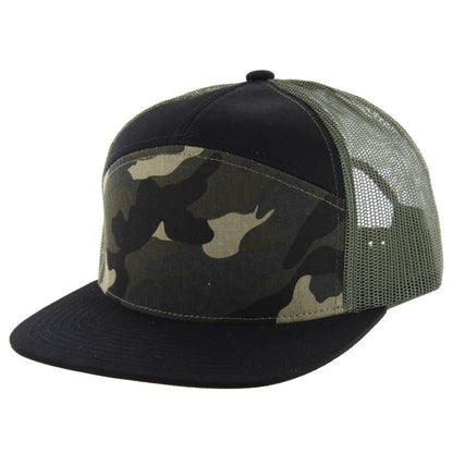 Kamel 707 Washed Camo 7 Panel Flat Adjustable Snapback Mesh Trucker Cap