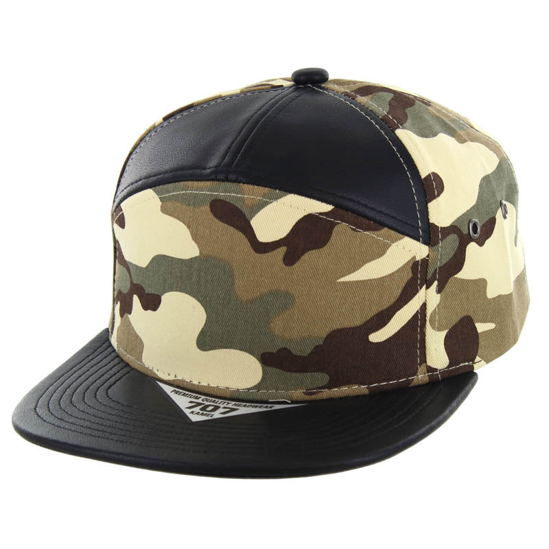 Kamel 707 7 Panel PU Leather Camo Flat Adjustable Snapback Hat