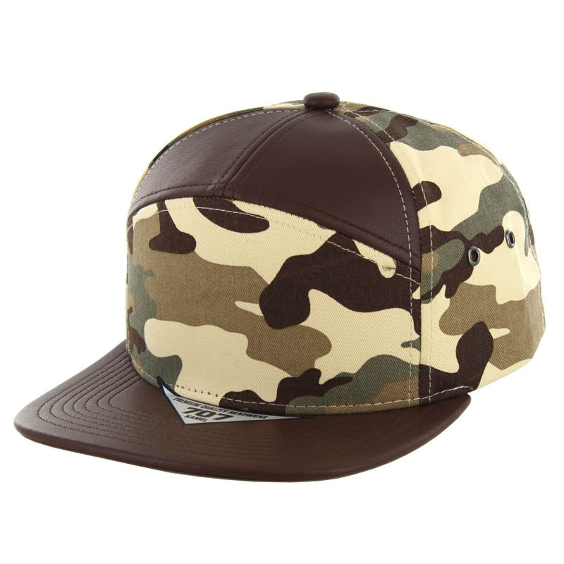 Kamel 707 7 Panel PU Leather Camo Flat Adjustable Snapback Hat