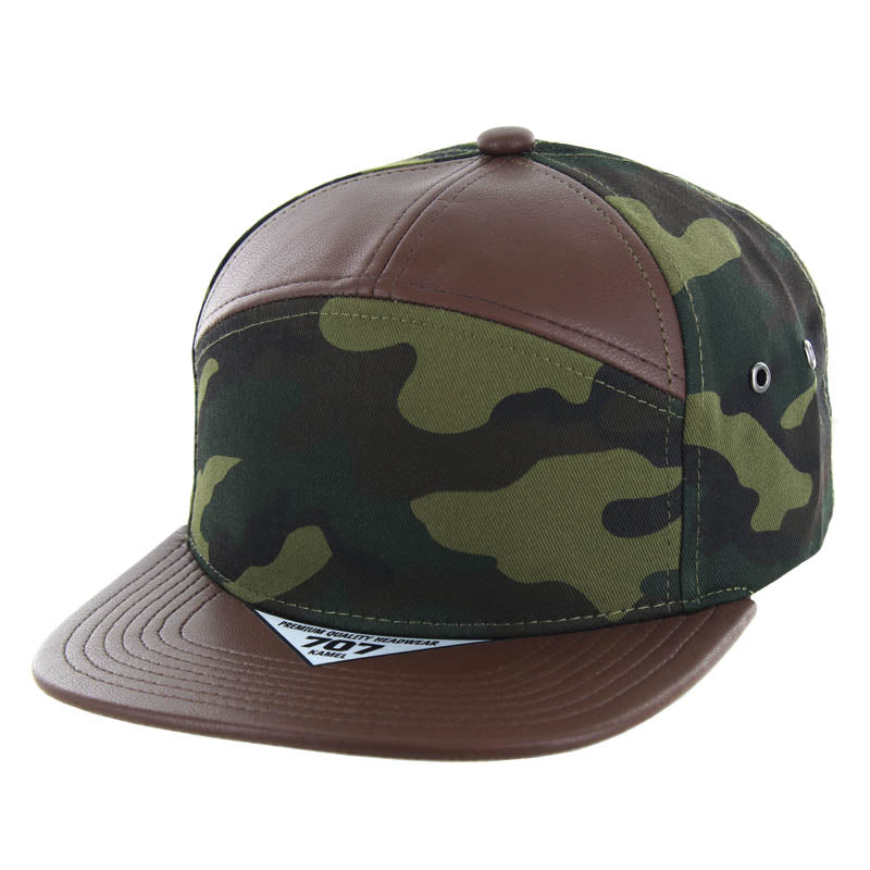 Kamel 707 7 Panel PU Leather Camo Flat Adjustable Snapback Hat